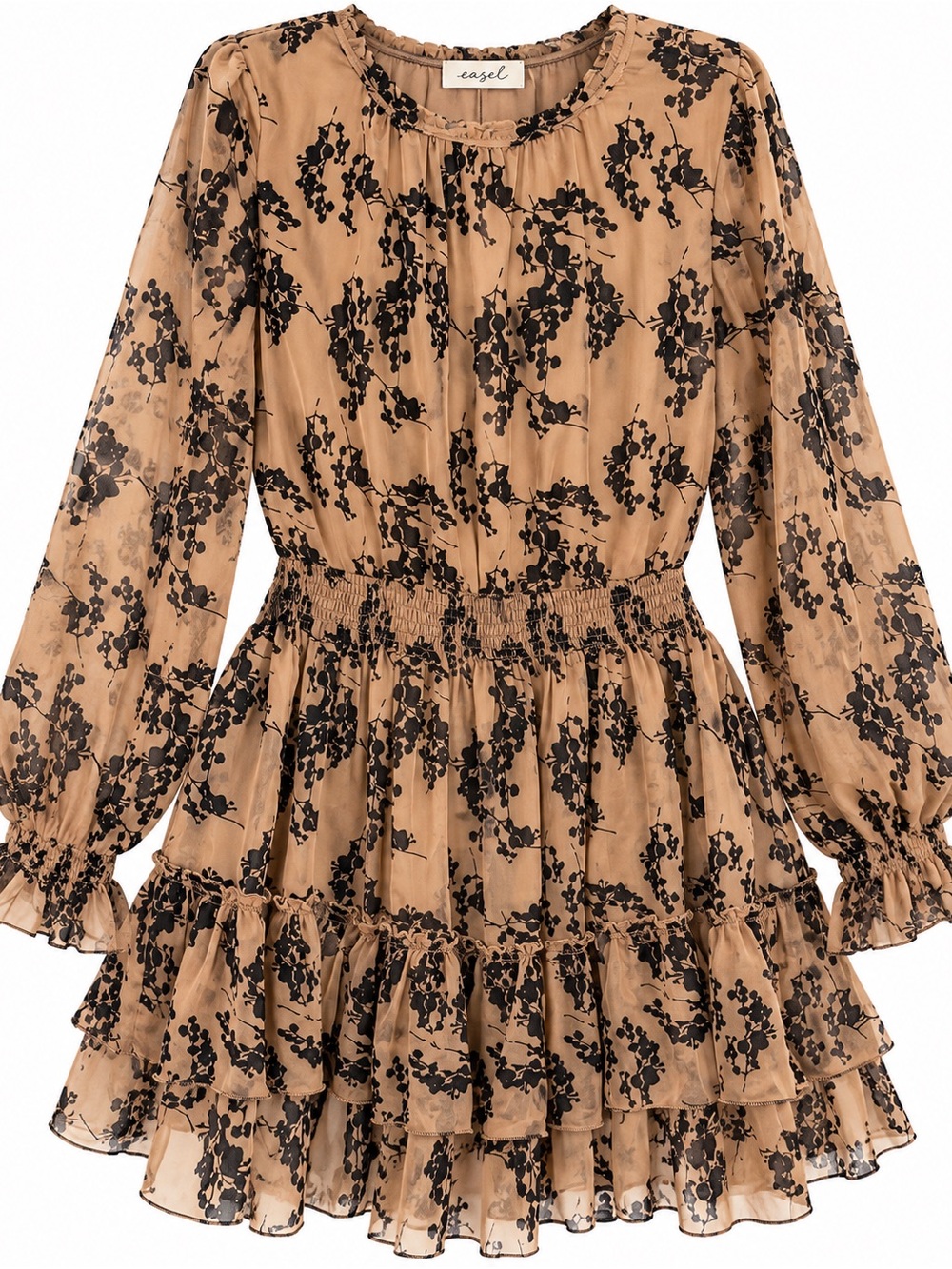 Easel Floral Print Ruffle Mini Dress Tan Black Long Sleeve Size Large